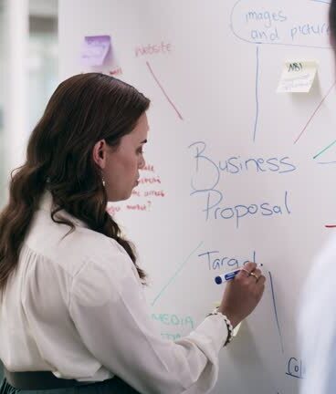 Woman, writing ideas on whiteboard, brainstorming and discussion, agenda with strategy meeting at startup. Business people, communication and planning with notes, project collaboration and mission